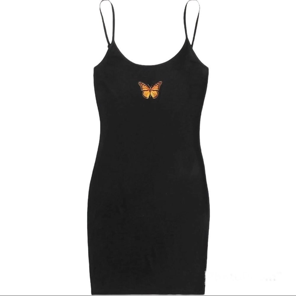 Y2K Butterfly Mini Dress 90’s Style Stretch Bodycon Slip Dress Black Size Large - Picture 9 of 9